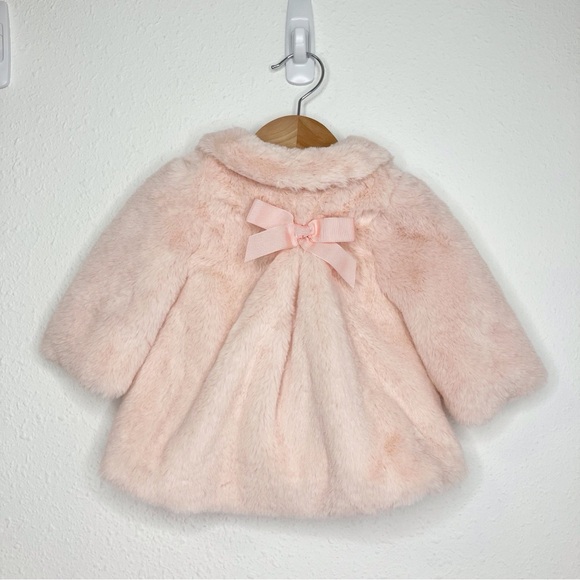 Luli & Me faux fur coat blush peach pink with bow size 12 months - Picture 2 of 9